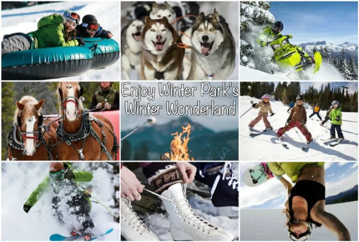 A lively winter scene bustling with activity: people snow tubing, children playing in the snow, huskies pulling sleds, snowmobilers speeding by, and groups gathered around a cozy fire pit. Skiers, snowboarders, and ice skaters add to the festive energy, all set against a snowy landscape.