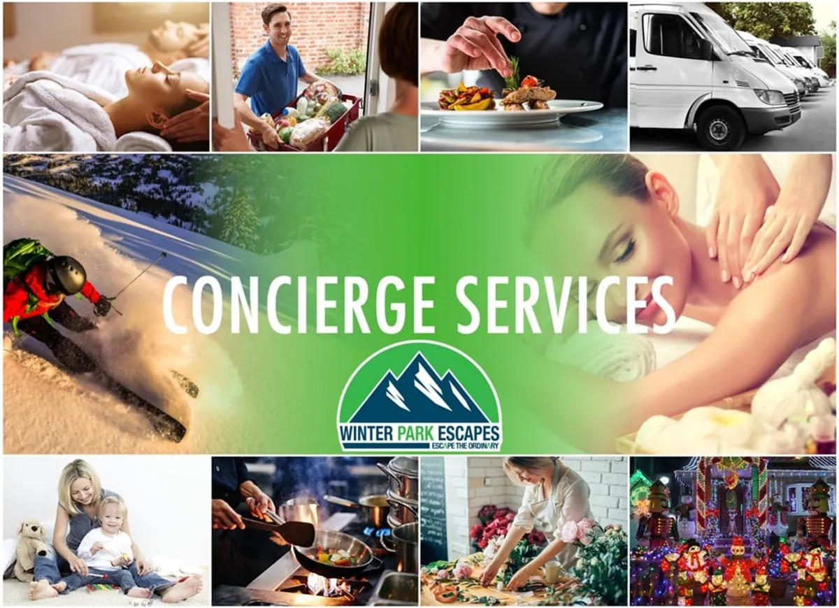 A collage-style interior image featuring premium experiences: a luxurious spa treatment, family gathering around gourmet meals, ski equipment for winter adventures, and festive home details. The composition conveys both relaxation and adventure, emphasizing high-end amenities and exclusive activities available during a stay.