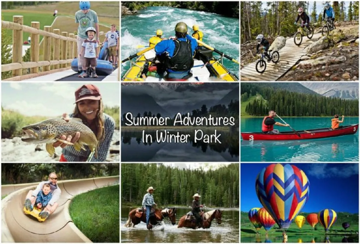 Families and children are captured enjoying a variety of outdoor pursuits including water sports, cycling, fishing, horseback riding, and hot air ballooning. The expansive exterior environment is active, vibrant, and showcases the natural beauty and diversity of local activities.